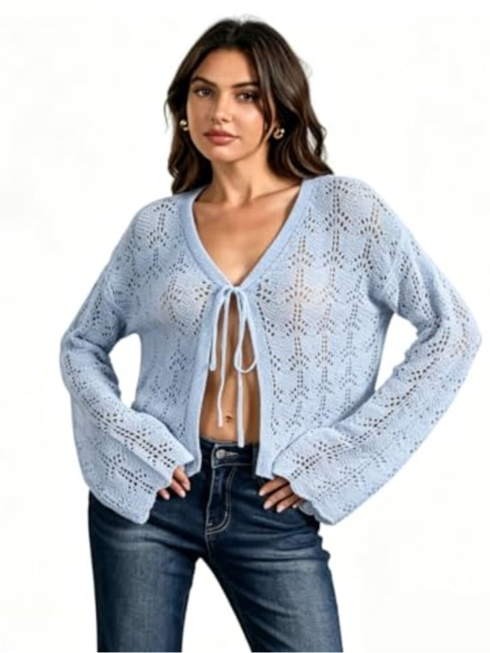Womens Lightweight Crochet Cardigan Tie Front Flare Sleeve Knit
